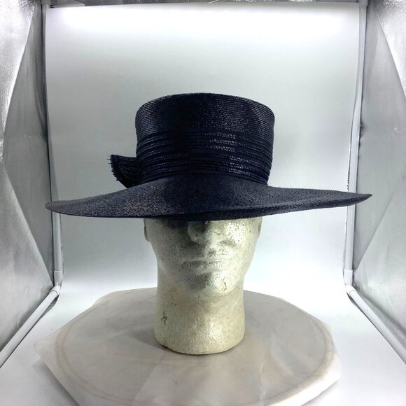 Vtg Lazarus Trendsetter Wide Flat Brim Hat with Pin‎ Statement Bow 22\